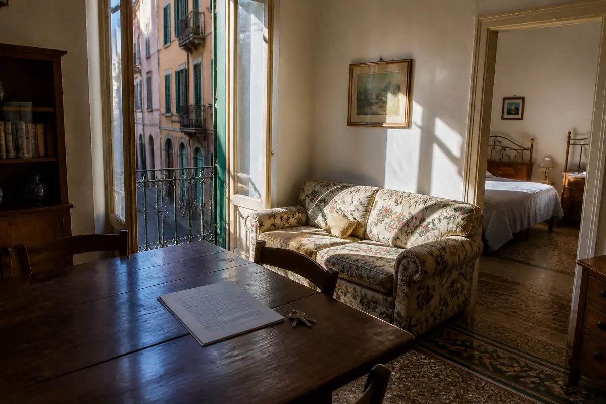 Interno luminoso con divano, tavolo e camera da letto ideale per affitto privato.