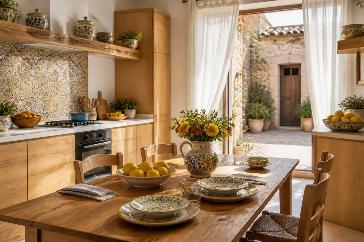 Sala da pranzo luminosa con tavolo apparecchiato e dettagli di arredamento casa rustico.