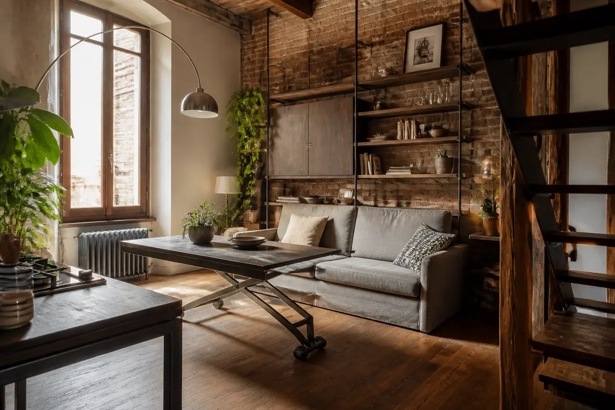 Soggiorno accogliente con mattoni a vista e mobili moderni per arredare casa con stile