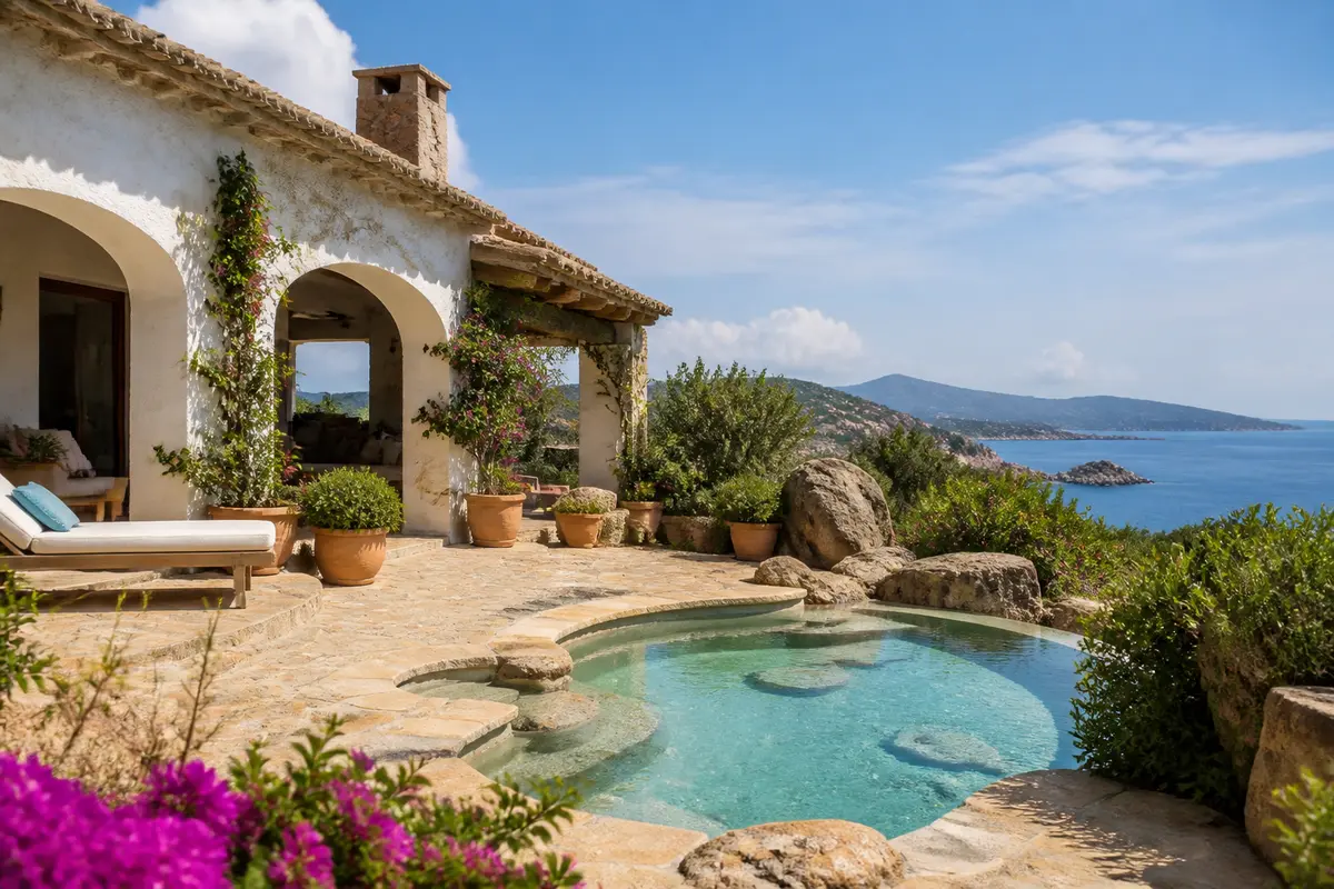 Casa al mare con terrazza, piscina e vista panoramica sull'oceano e colline verdi.