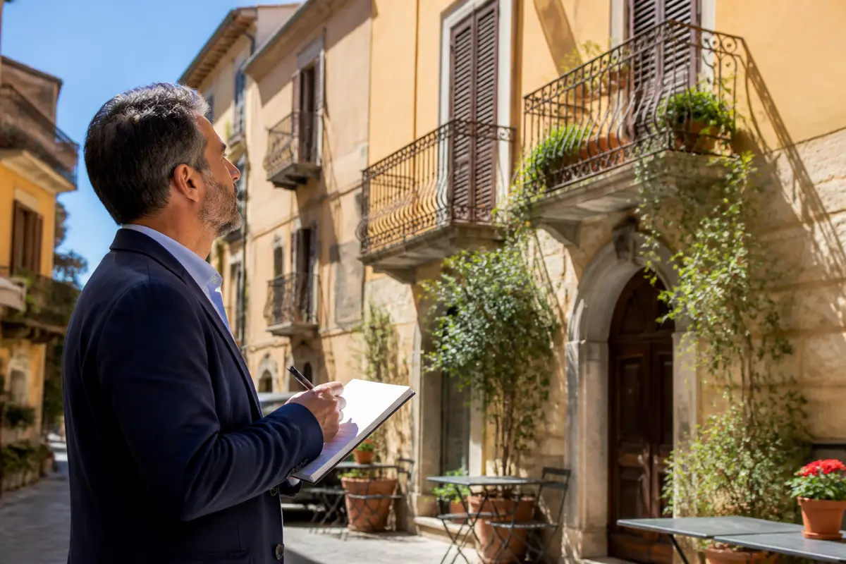 Esperto esamina edificio storico per comprendere come fare una stima immobiliare precisa e accurata