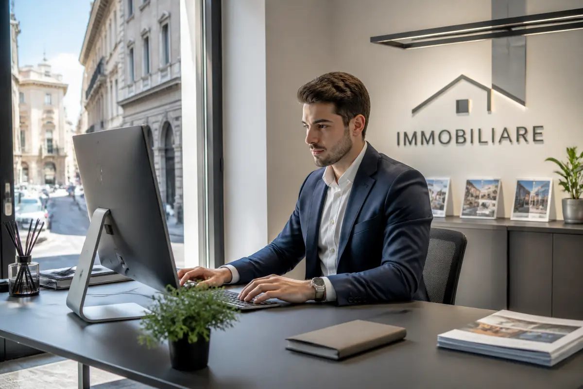 Ufficio moderno con agente immobiliare professionista che lavora al computer.