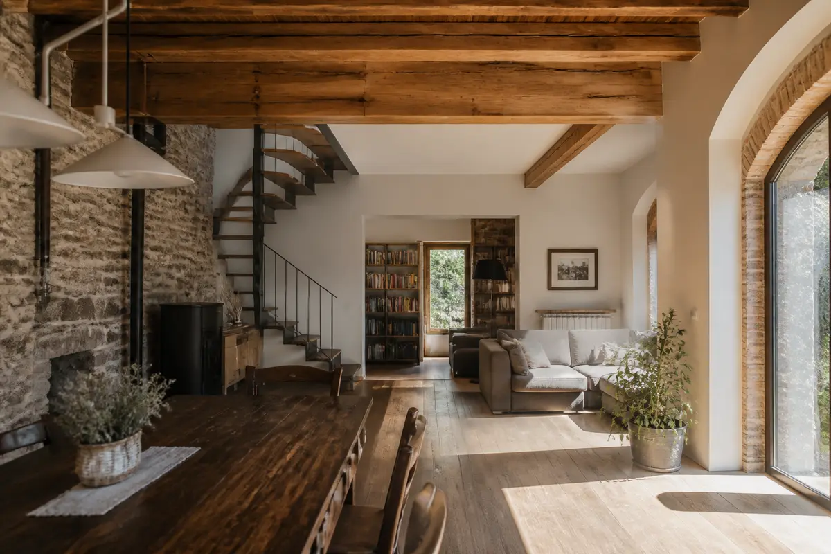 Interno rustico con travi in legno. Importante isolare casa per comfort e efficienza energetica
