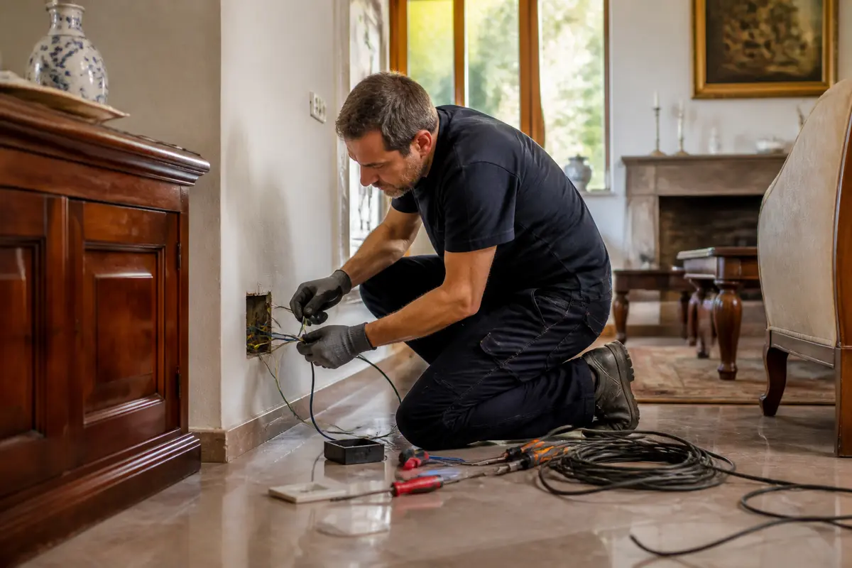 Tecnico elettricista ripara impianto elettrico durante la manutenzione ordinaria della casa.