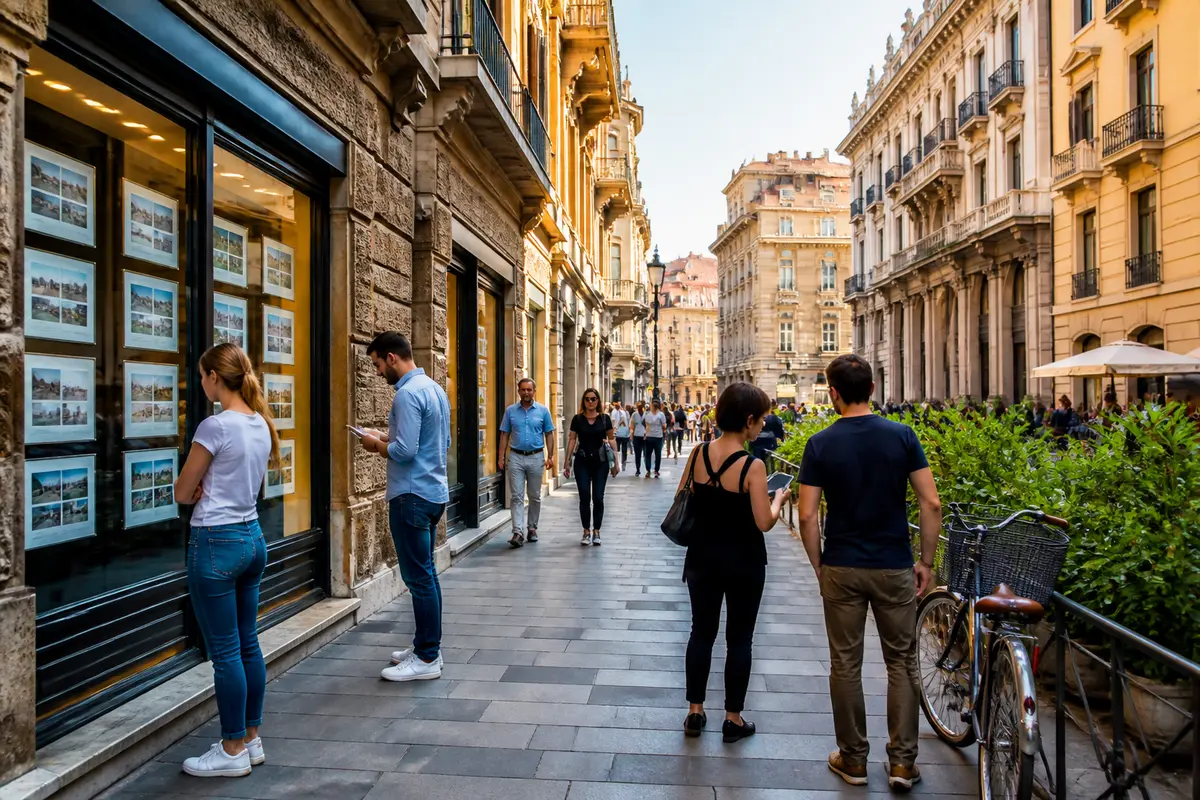 Persone osservano annunci immobiliari in una via commerciale, esplorando il mercato affitti locale.