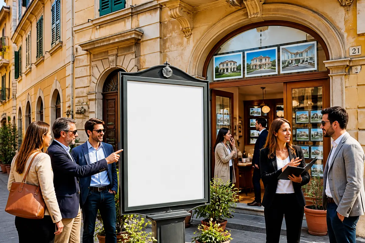 Persone discutono davanti a una proprietà immobiliare con quotazioni in evidenza su cartellone bianco
