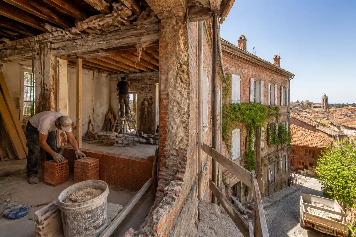 Due operai intenti a ristrutturare casa in un edificio storico in città.