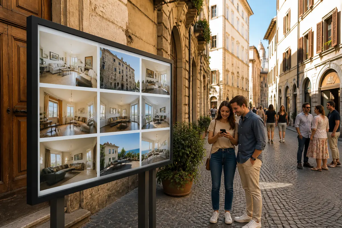 Coppia osserva annunci immobiliari esposti in strada, supportati dai migliori siti immobiliari online.