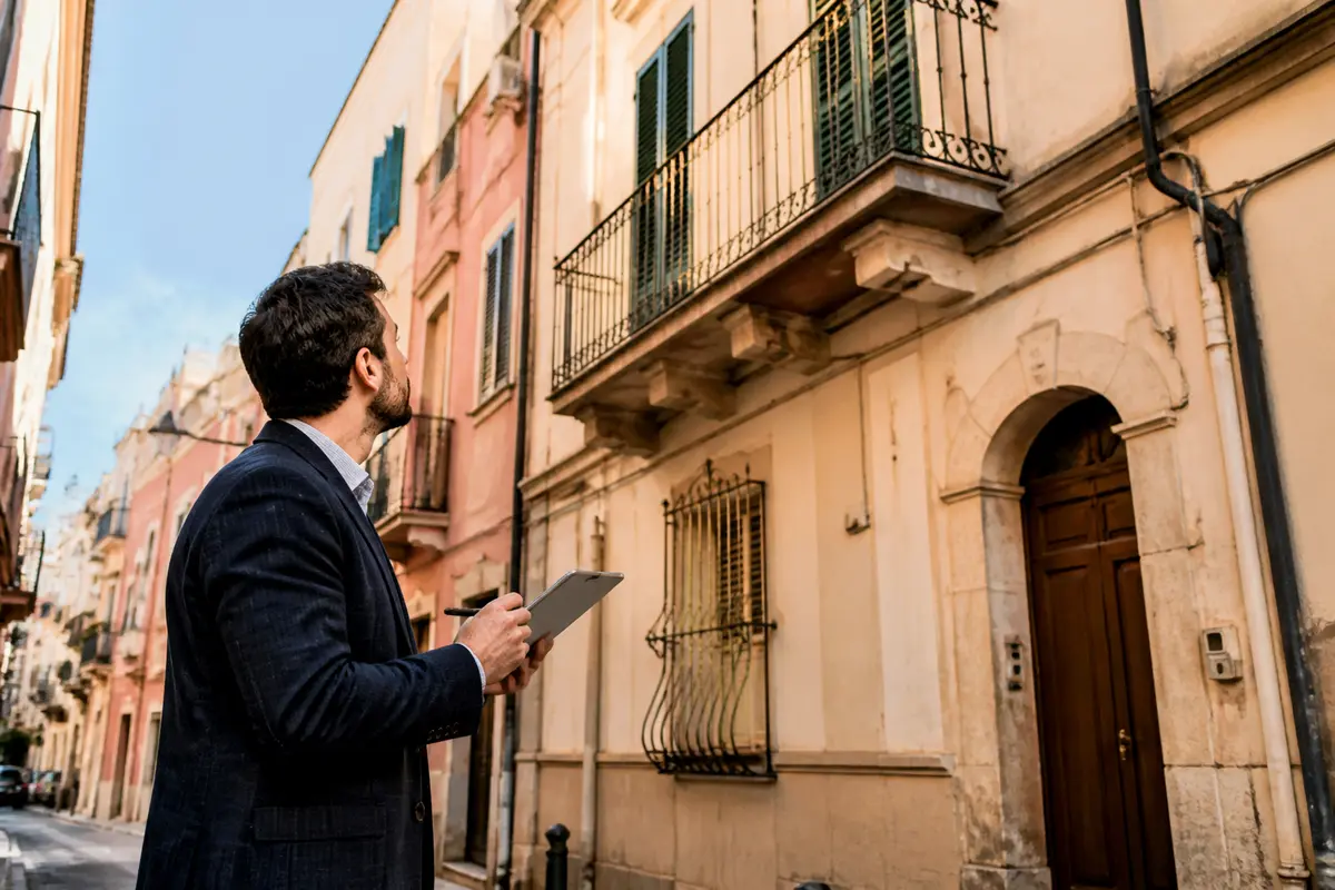 Uomo osserva edifici con taccuino, processo per stimare il valore della casa.