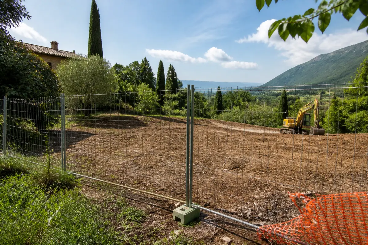 Campo recintato con escavatore su terreni edificabili, circondato da alberi e colline.
