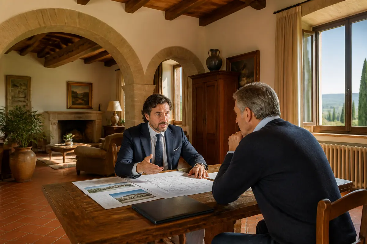 Uomini discutono di Toscana immobiliare in ufficio rustico con mappe su tavolo di legno