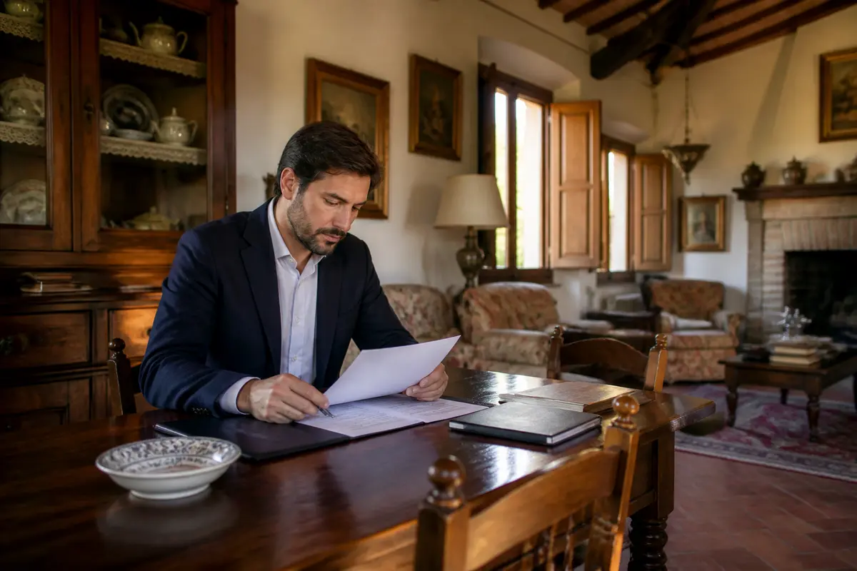 Uomo in giacca legge documenti a tavola per valutare un immobile in casa accogliente